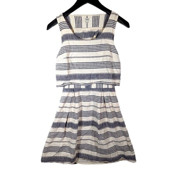 Madewell Size 0 Nautical Preppy Striped LINEN Blend Overlay Dress Open Back - Picture 1 of 6